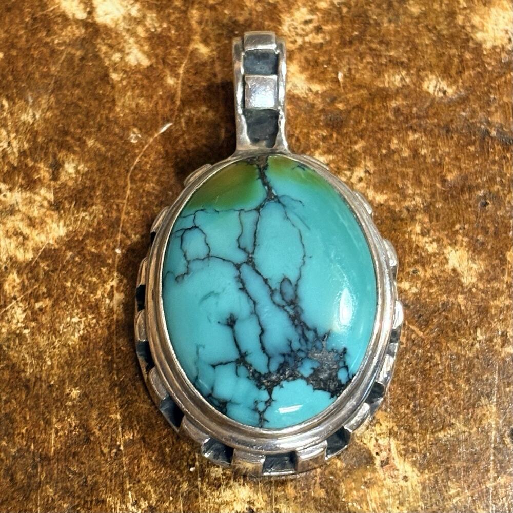 PB Sterling Silver and Turquoise Pendant Oval Shaped Decorative Sides